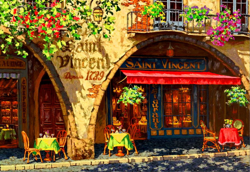 Cafe on Cobblestone Street — Red, Cheerful