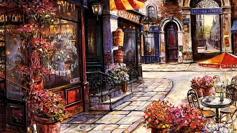Cafe on Cobblestone Street — Red, Serene, Afternoon, Painting