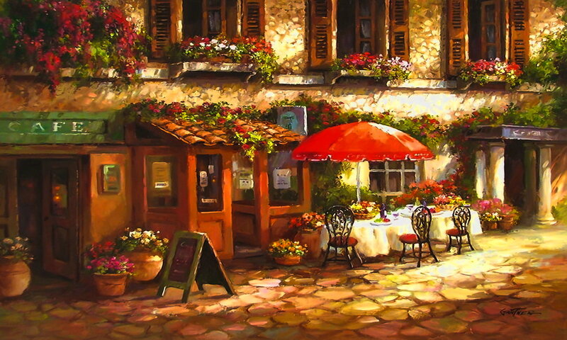 Cafe on Cobblestone Street — Red, Serene, Afternoon