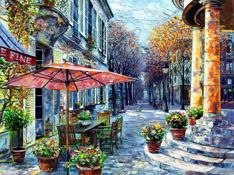 Cafe on Cobblestone Street — Red, Serene