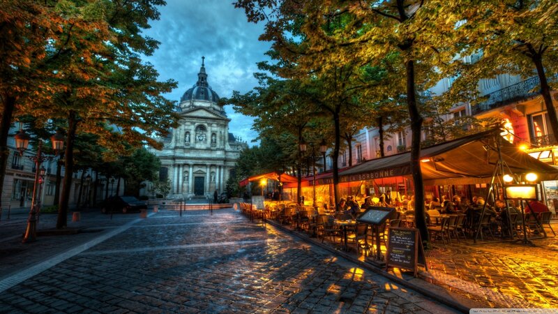 Cafe on Cobblestone Street — Yellow, Dramatic, Sunset, Photograph