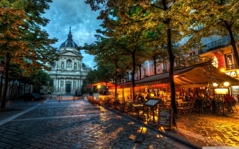 Cafe on Cobblestone Street — Yellow, Dramatic, Sunset