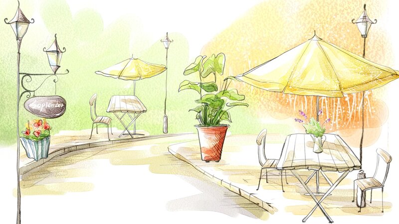 Cafe Tables and Umbrellas