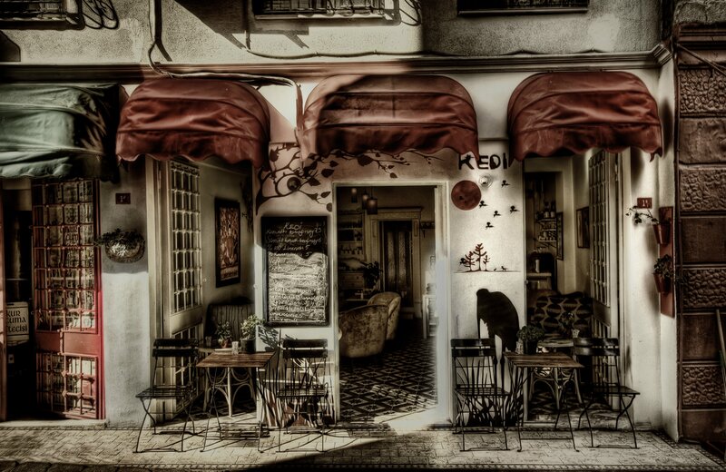 Cafe with awnings and outdoor seating
