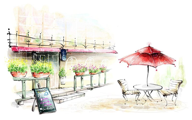 Cafe with Outdoor Seating — Red, Calm, Afternoon, Illustration
