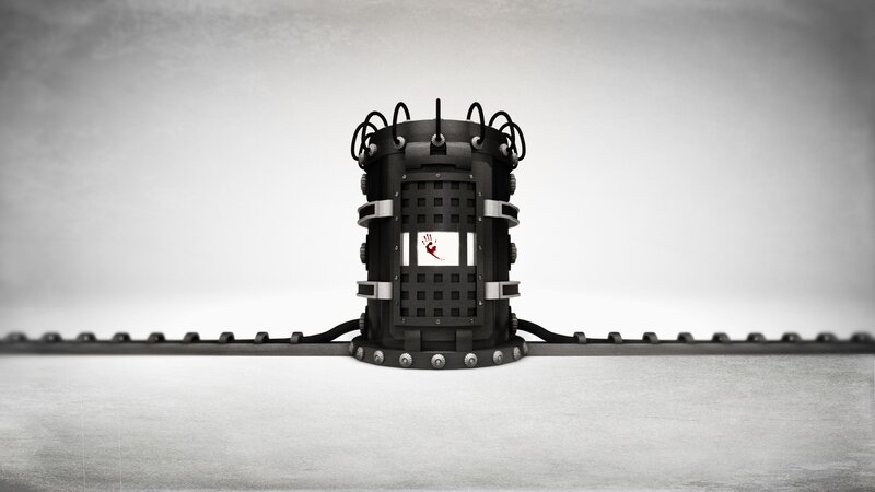 caged device with blood handprint