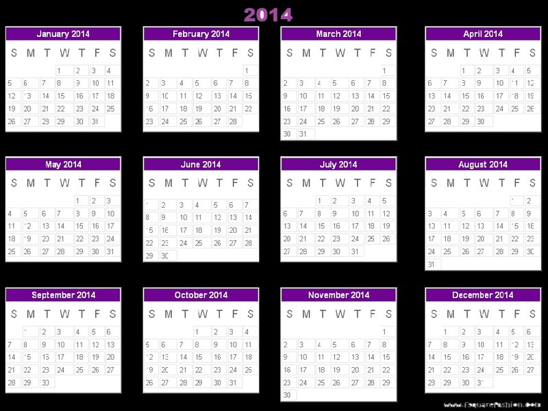 Calendar for Year 2014 — Black