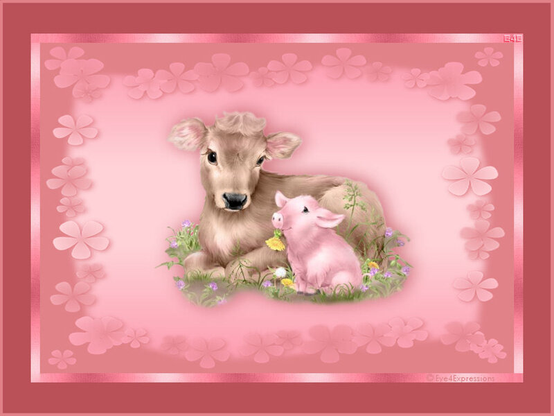 Calf and piglet in flowers