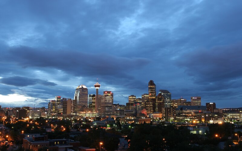 Calgary Skyline at Dusk — Blue, Dramatic, Night, Photograph, Skyscraper, Clouds