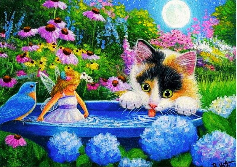 Calico Cat Drinking Water — Blue