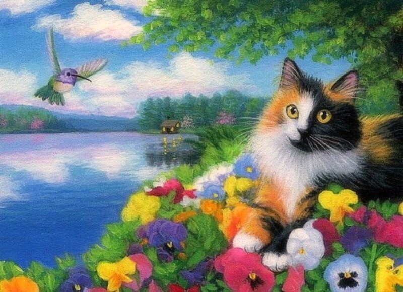 Calico Cat in Flowers — Blue