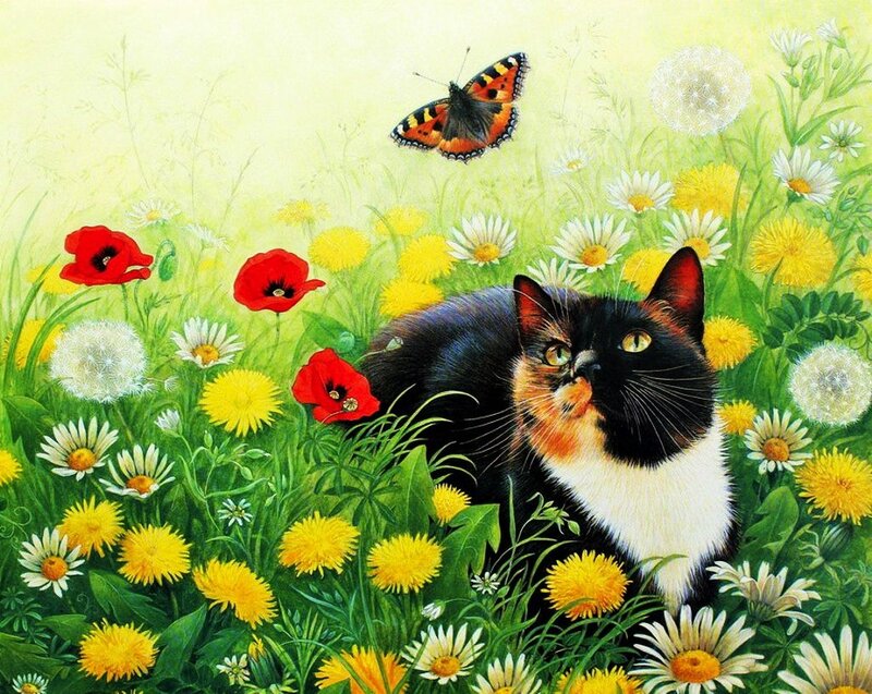 Calico Cat in Flowers — Green, Serene