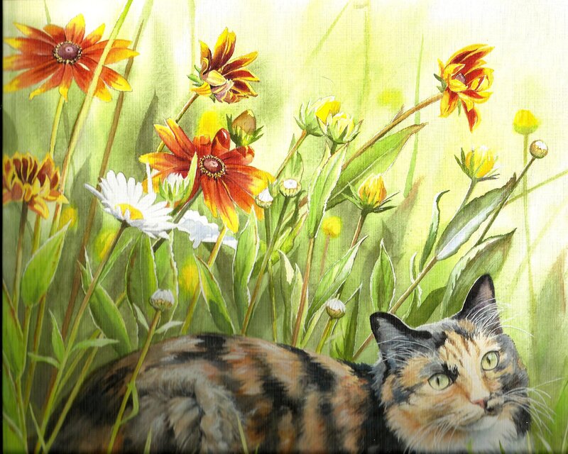 Calico Cat in Flowers — Green