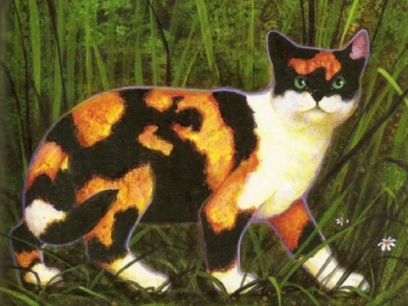 Calico Cat in Grass — Green, Alert
