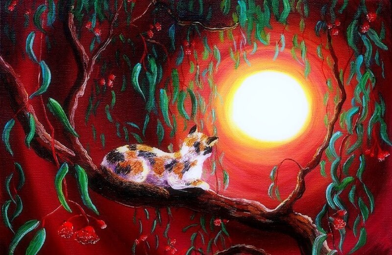 Calico Cat on Branch — Red