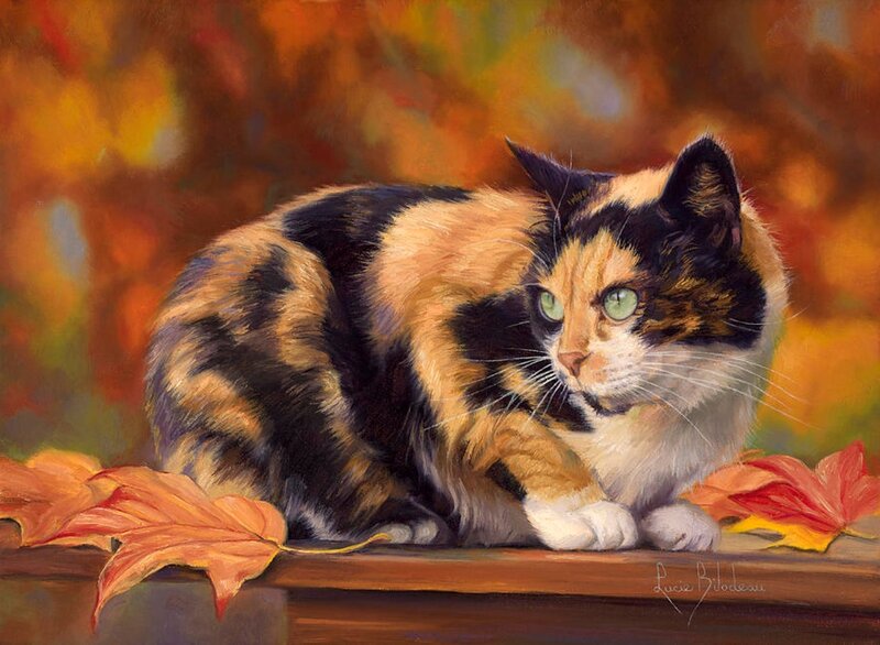 Calico Cat on Leaves — Orange