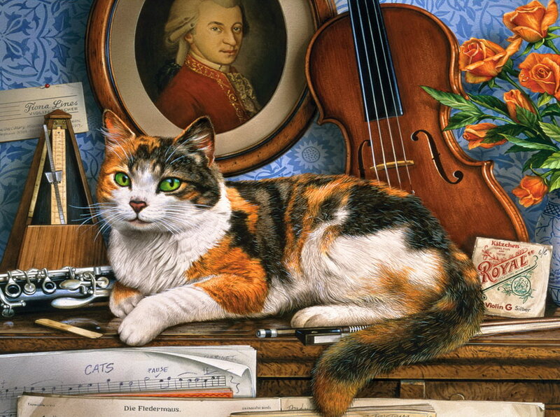 Calico Cat on Piano — Brown, Serene