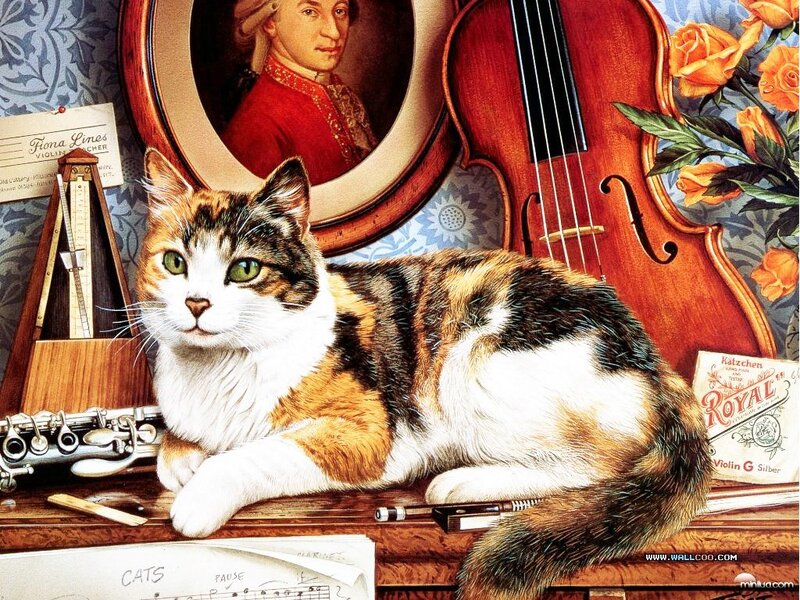 Calico Cat on Piano — Brown