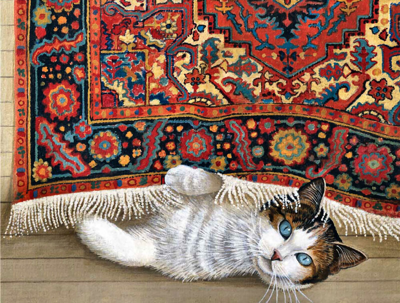 Calico Cat on Rug — Red, Relaxed