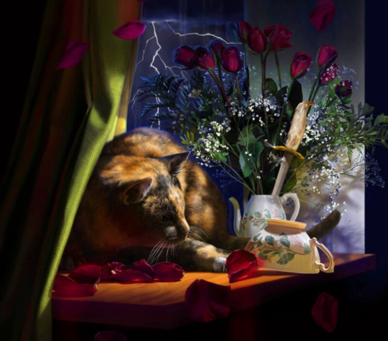Calico Cat on Table — Brown