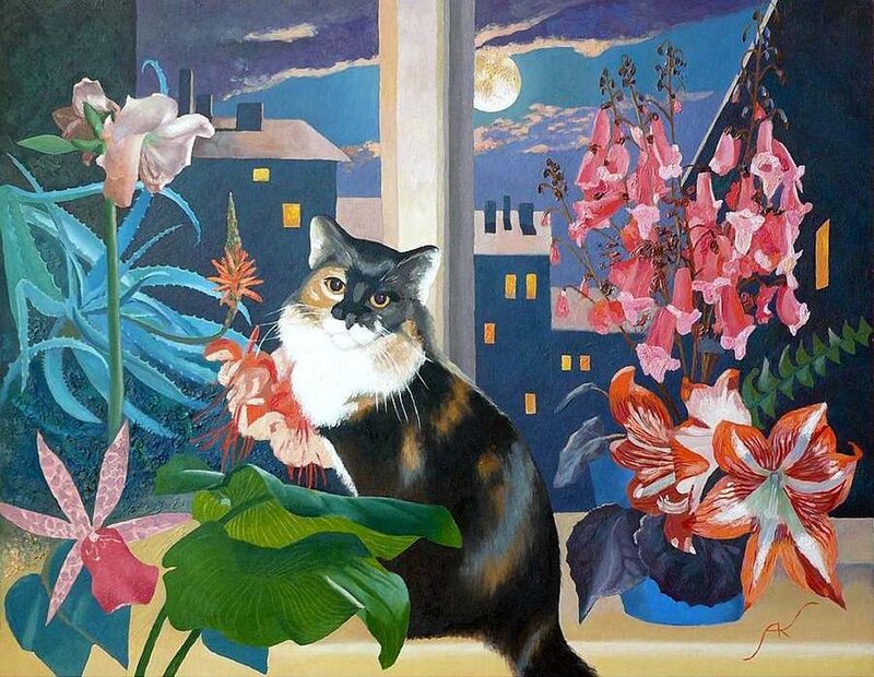 Calico Cat on Windowsill — Blue, Serene