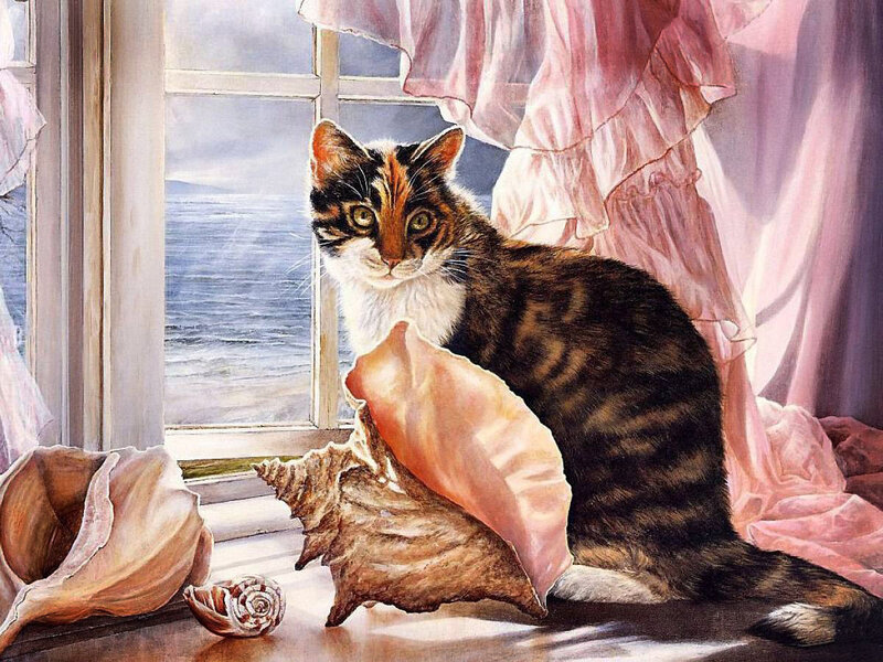 Calico Cat on Windowsill — Brown, Serene
