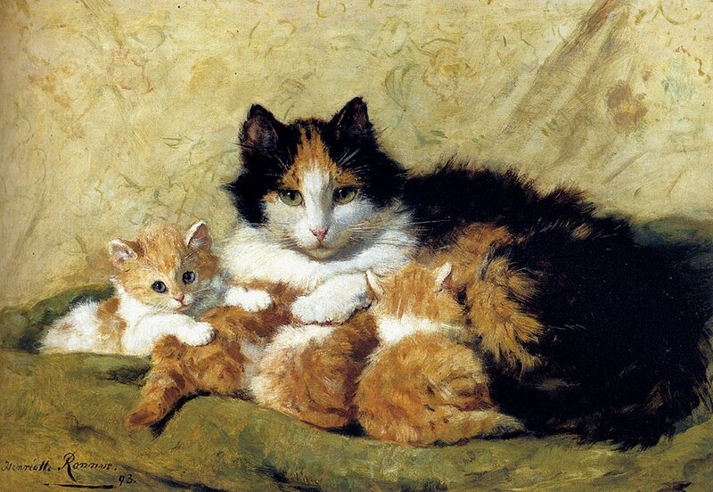Calico Cat with Kittens — Brown, Serene