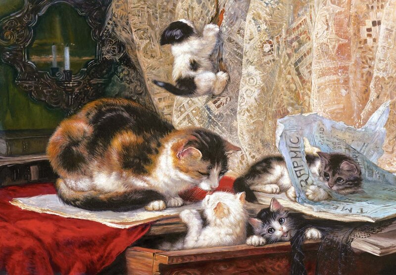 Calico Cat with Kittens — Red, Peaceful