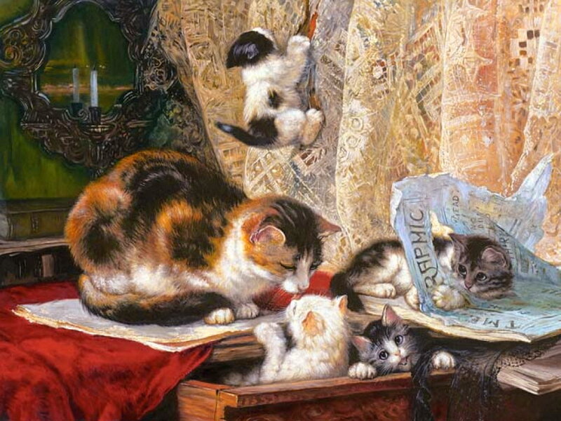 Calico Cat with Kittens — Red