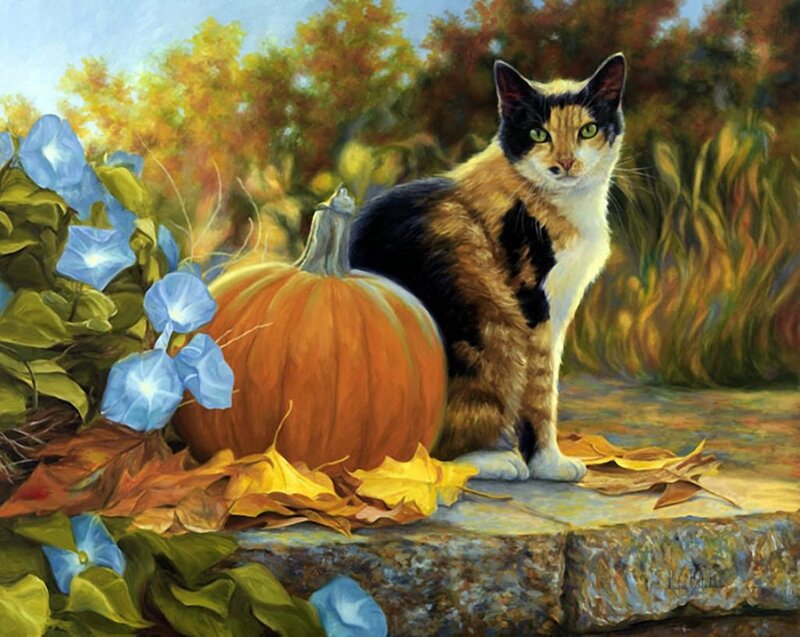 Calico Cat with Pumpkin
