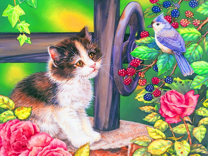 Calico Kitten with Bird — Green