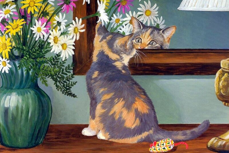 Calico Kitten with Flowers — Green