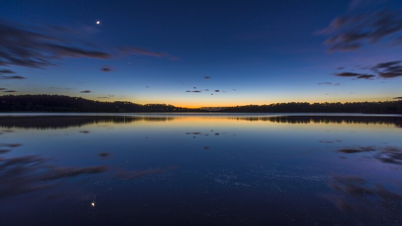 Calm Lake at Dusk — Blue, Serene, Night, Photograph, Sky