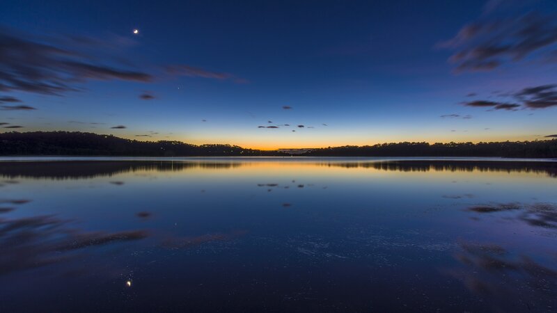 Calm Lake at Dusk — Blue, Serene, Night, Photograph, Sky, Trees