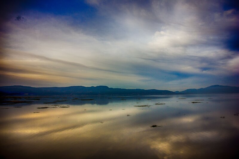 Calm Lake at Dusk — Blue, Serene, Photograph, Mountains, Sky
