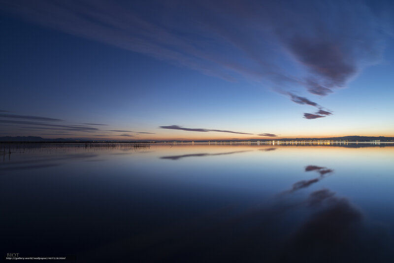 Calm Lake at Dusk — Blue, Serene, Photograph, Sky, Clouds, Mountains, Lights