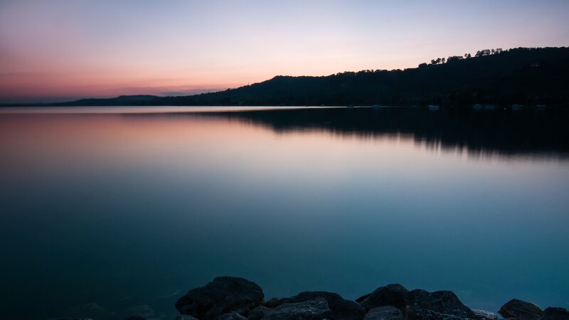 Calm Lake at Dusk — Blue, Serene, Sunset, Photograph, Hills
