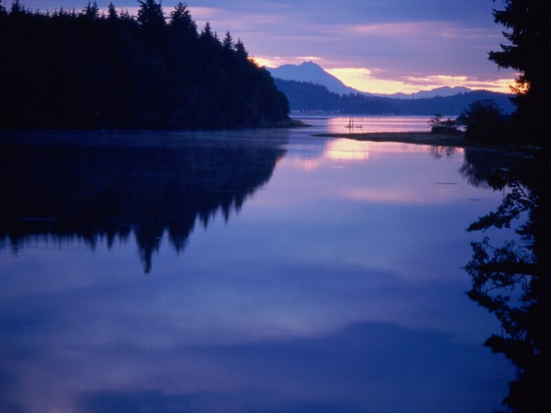 Calm Lake at Dusk — Blue, Serene, Sunset, Photograph, Mountain