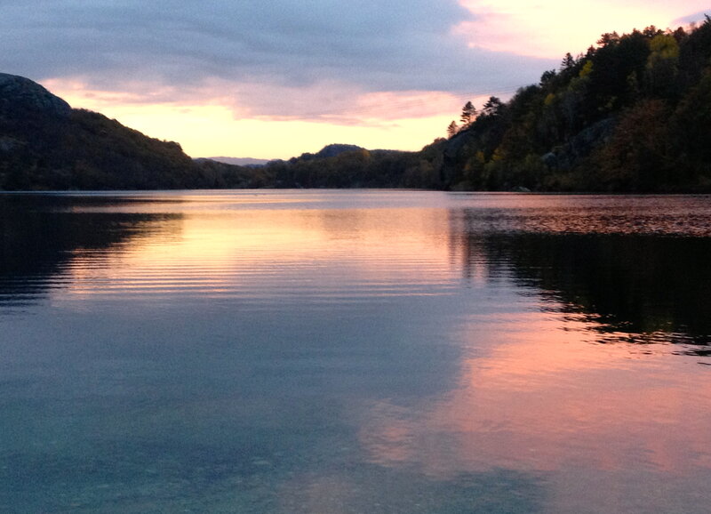 Calm Lake at Dusk — Blue, Serene, Sunset, Photograph, Mountains