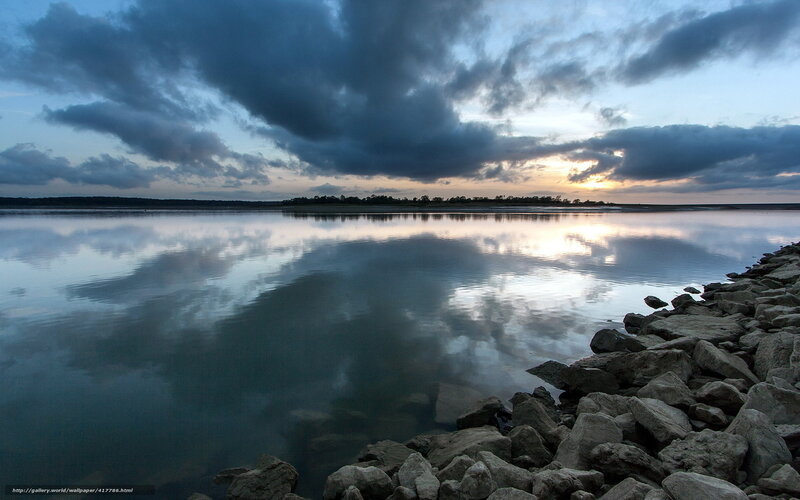 Calm Lake at Dusk — Blue, Serene, Sunset, Photograph, Rocks