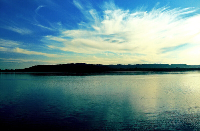 Calm Lake at Dusk — Blue, Serene, Sunset, Photograph, Sky, Clouds, Hills