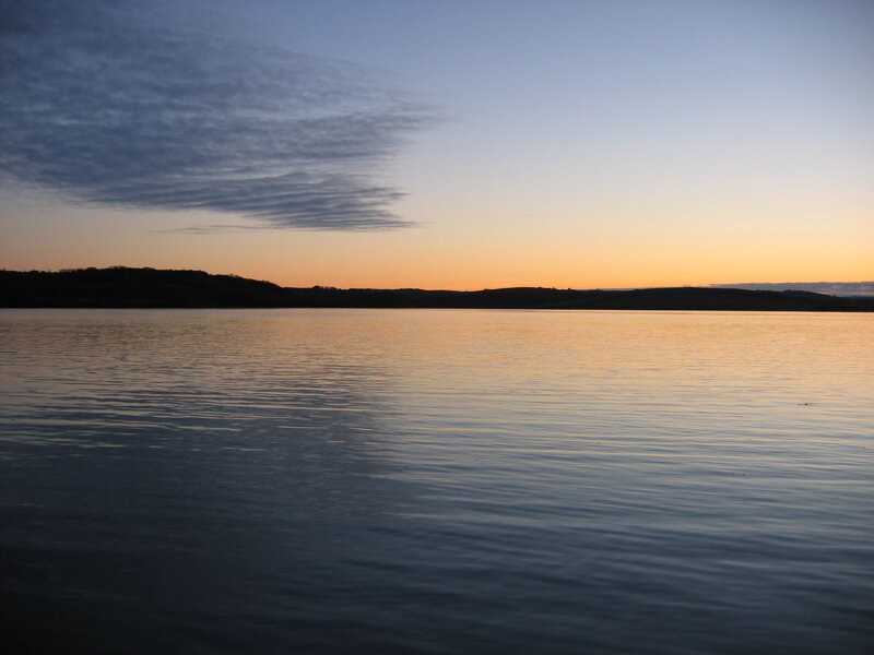 Calm Lake at Dusk — Blue, Serene, Sunset, Photograph, Sky, Hills