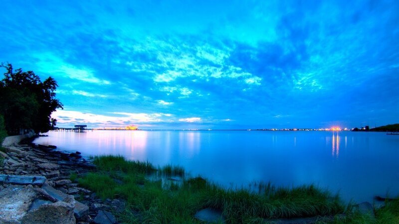 Calm Lake at Dusk — Blue, Serene, Sunset, Photograph, Sky, Trees, Grass