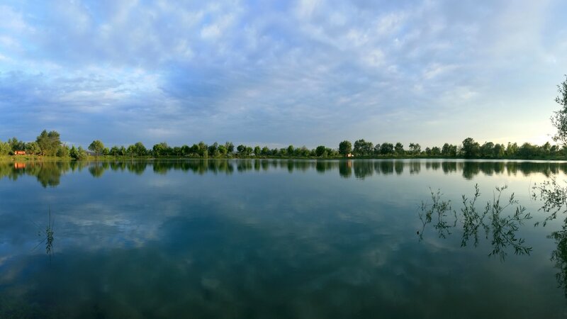Calm Lake at Dusk — Blue, Serene, Sunset, Photograph, Trees, Sky, Reflection, Green