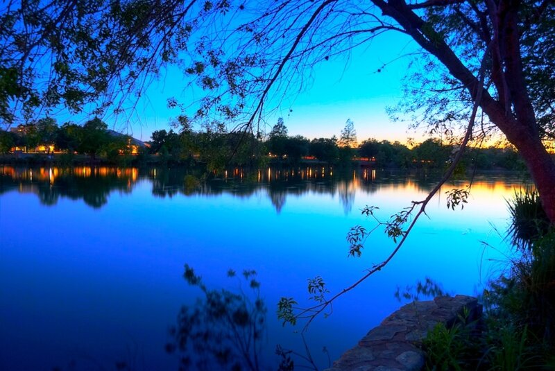 Calm Lake at Dusk — Blue, Serene, Sunset, Photograph, Trees, Sky