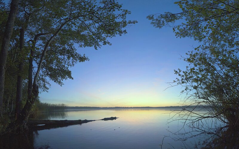 Calm Lake at Dusk — Blue, Serene, Sunset, Photograph, Trees, Sky, Water