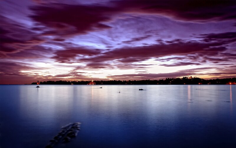 Calm Lake at Dusk — Purple, Serene, Sunset, Photograph, Sky