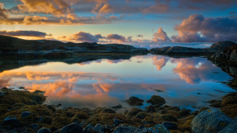 Calm Lake at Sunset — Blue, Serene, Photograph, Clouds
