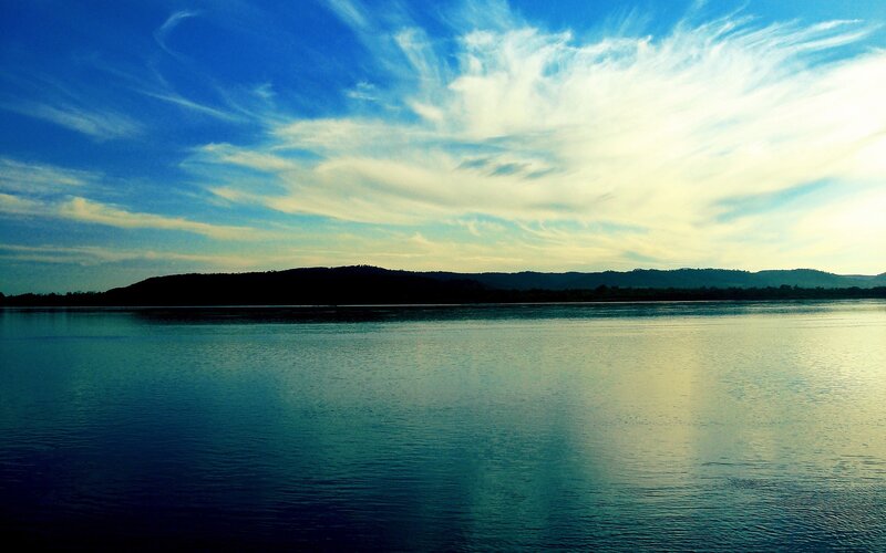 Calm Lake at Sunset — Blue, Serene, Photograph, Sky, Mountains