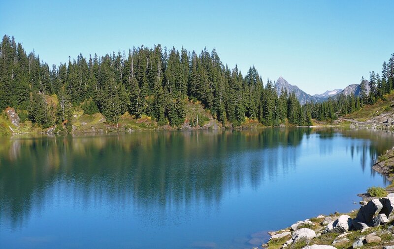 Calm Lake in Forest — Blue, Serene, Afternoon